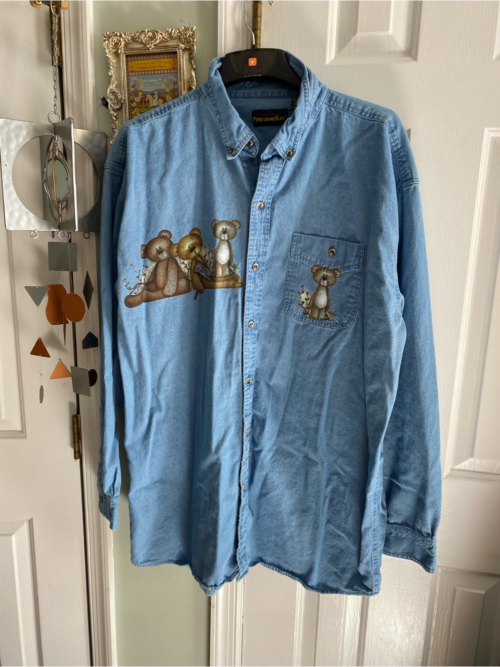 VTG Peregrine Bay Womens Blue Teddy Bear Print Button Down Denim Shirt Sz 2XL